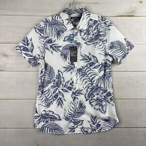 Savane Shirt Mens S White Floral Hawaiian Button Up Short Sleeve Stretch NWT